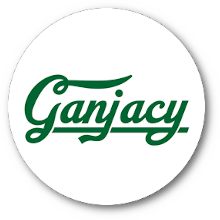 The Ganjacy logo - A white circle with a subtle shadow and the name "Ganjacy" in a curly, dark green font.