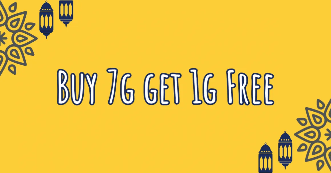 Banner announcing a "Buy 7g get 1g" promotion from Happy Smile Cannabis Cafe Pattaya on Ganjacy.com