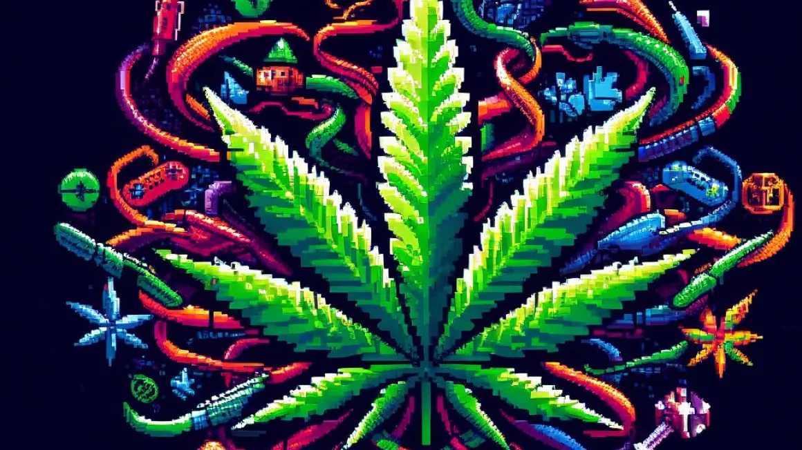 A pixel art representation of a cannabis leaf intertwined with gaming gear and icons. 