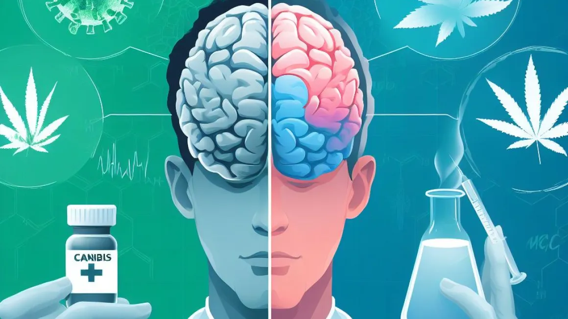 An image of a scientist comparing cannabis to pharmaceuticals in an effort to heal the brain.