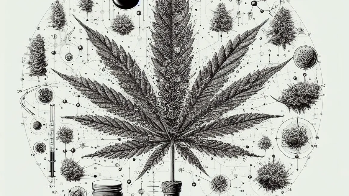 A pencil drawing of a cannabis leaf and terpene elements surrounding it.