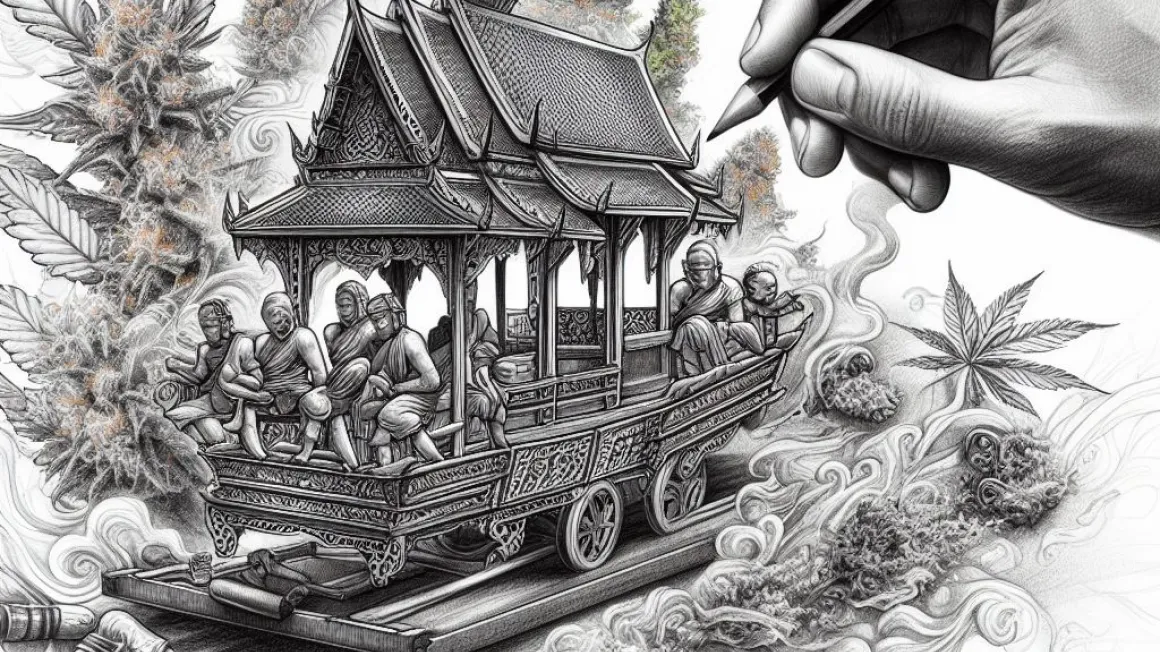 A pencil drawing from Ganjacy.com of traditional Siamese cannabis delivery.