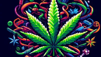 A pixel art representation of a cannabis leaf intertwined with gaming gear and icons. 