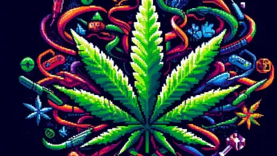 A pixel art representation of a cannabis leaf intertwined with gaming gear and icons.