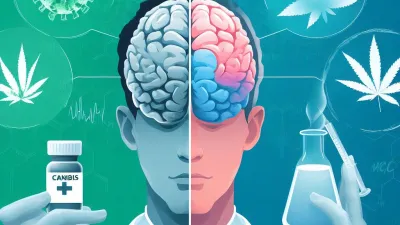 An image of a scientist comparing cannabis to pharmaceuticals in an effort to heal the brain.
