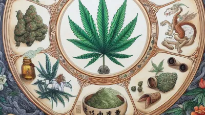An artwork depicting Chinese Traditional Medicine and Cannabis on Ganjacy.com - The online delivery platform for Thai cannabis users.