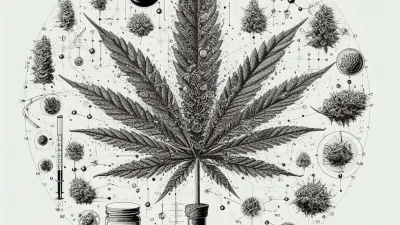 A pencil drawing of a cannabis leaf and terpene elements surrounding it.
