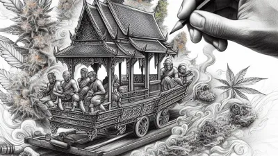 A pencil drawing from Ganjacy.com of traditional Siamese cannabis delivery.