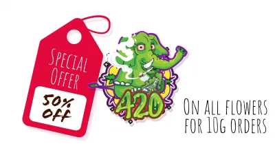 Sale banner for 420 Medical Dispensary Pattaya - with a 50% off tag, the elephant logo, and a text indicating the minimum order is 10g.